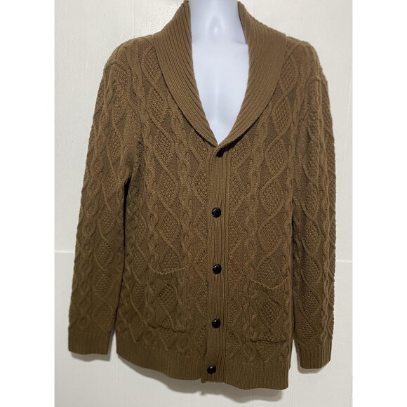 PJ Paul Jones Cardigan Sweater Mens XL Brown Shawl Collar Cable Knit Button Up - Picture 2 of 11
